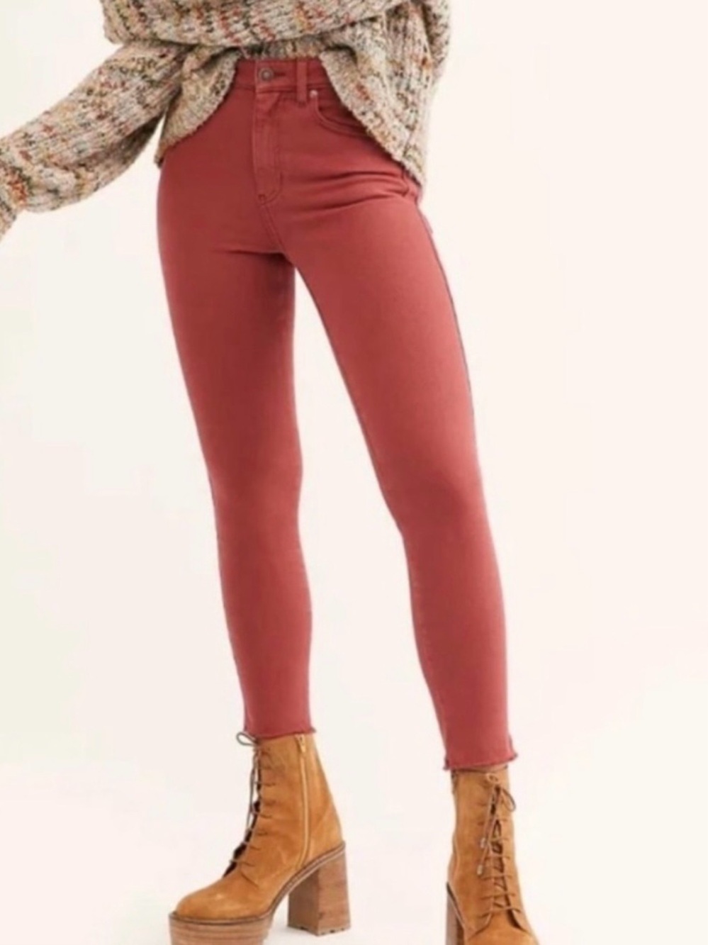 We The Free Rust Red High Rise Skinny Jeans Raw Hem Size 28
